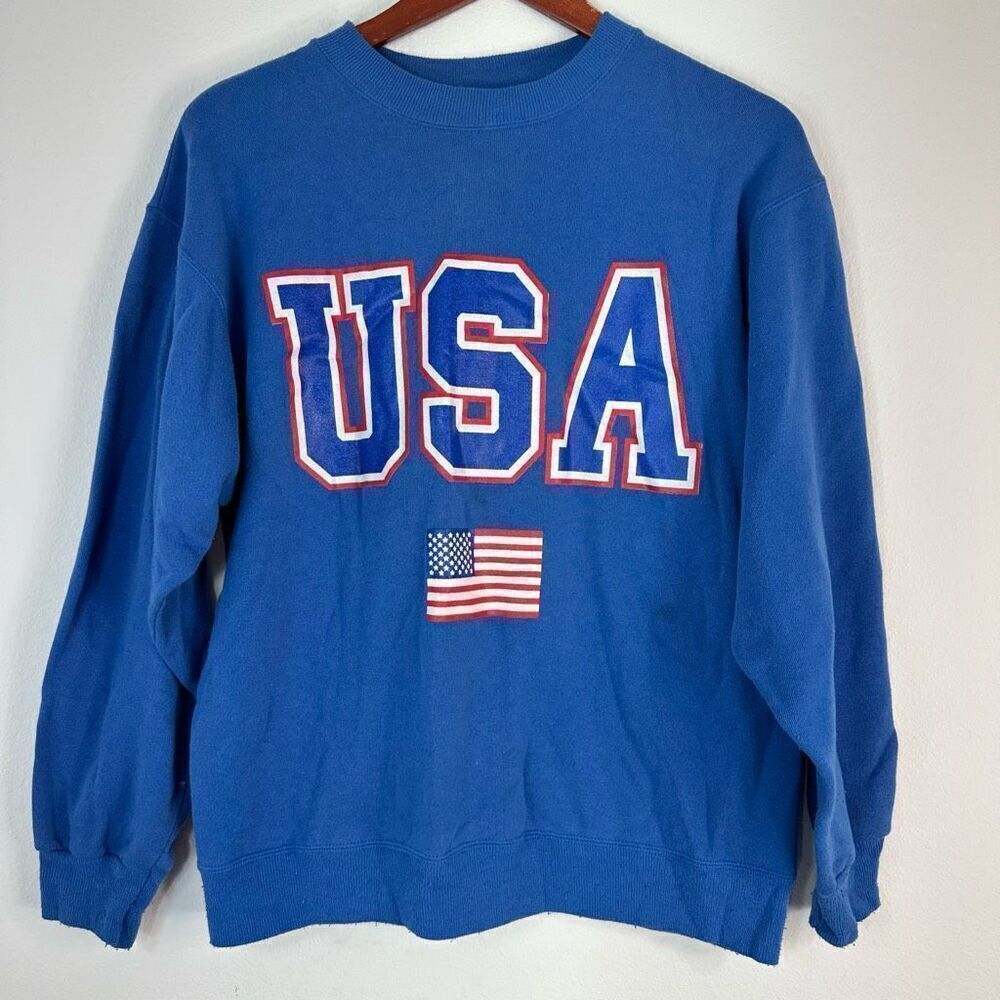 Vintage 90s USA‎ Logo Blue Hanes Activewear Sweatshirt Size Large FLAWED